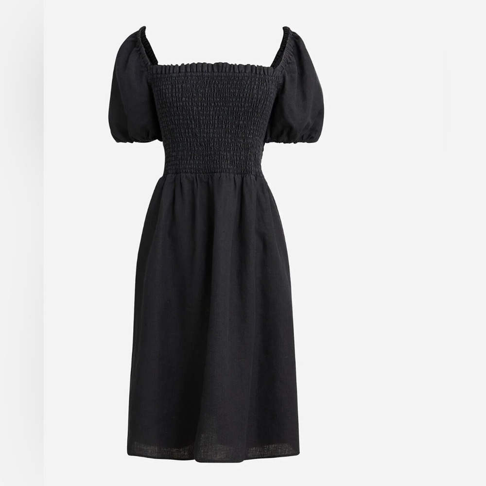 NWT J.Crew Puff-sleeve smocked 100% linen mini dress black